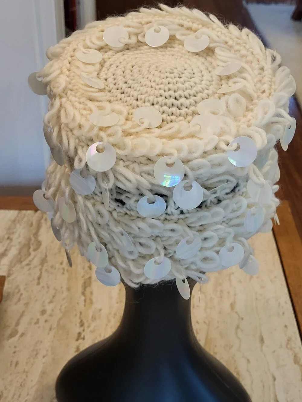 Jo Giovanni 1950s Ivory Wool Beehive Pillbox Iridescent Paillette Dangles Italy